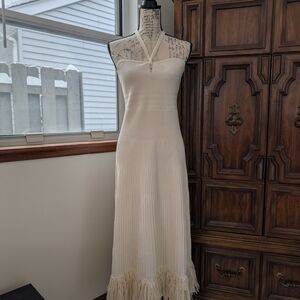 Express Ribbed Halter Sleeveless Fringe Midi Sweater Dress